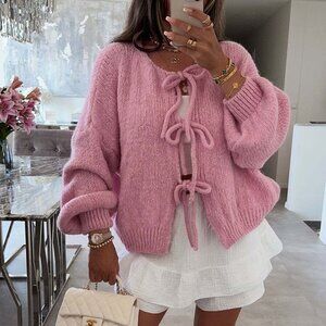 Pink Fuzzy Knit Tie Front Cropped Sweater
